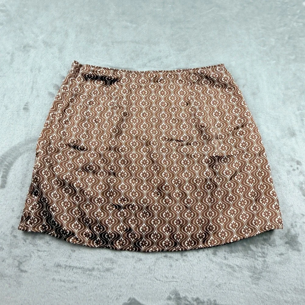 Hollister High-Rise Women's Small Mini Skirt Brown Retro Floral Satin Side Slit
